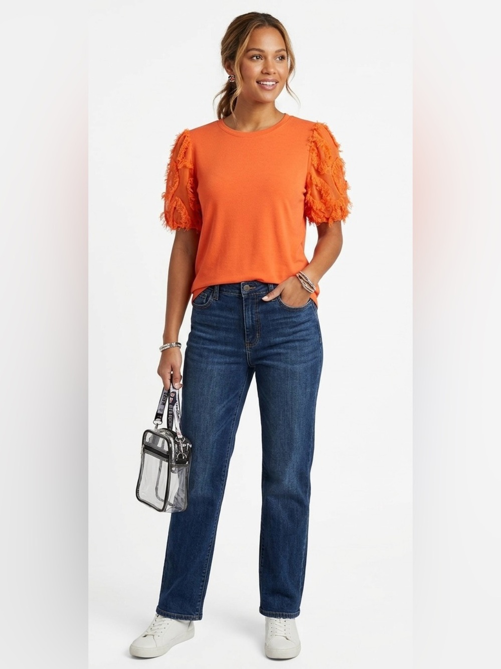 CATO $22 P2P 16-17” Orange Textured Eyelash Fringe Puff Sleeve Top XS
